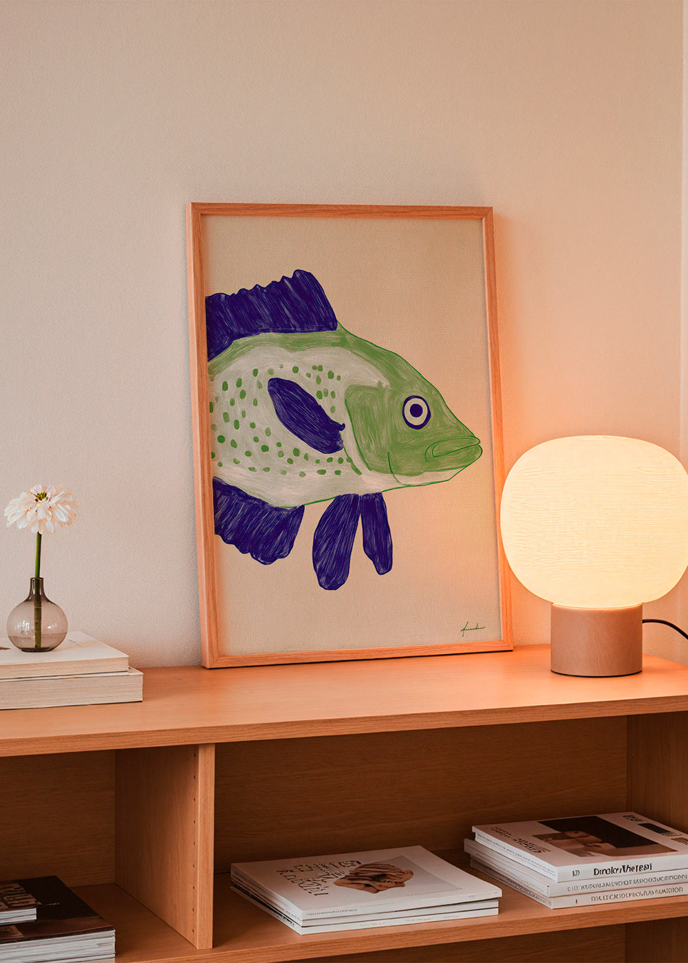Fisk illustration grøn krop med blå streger