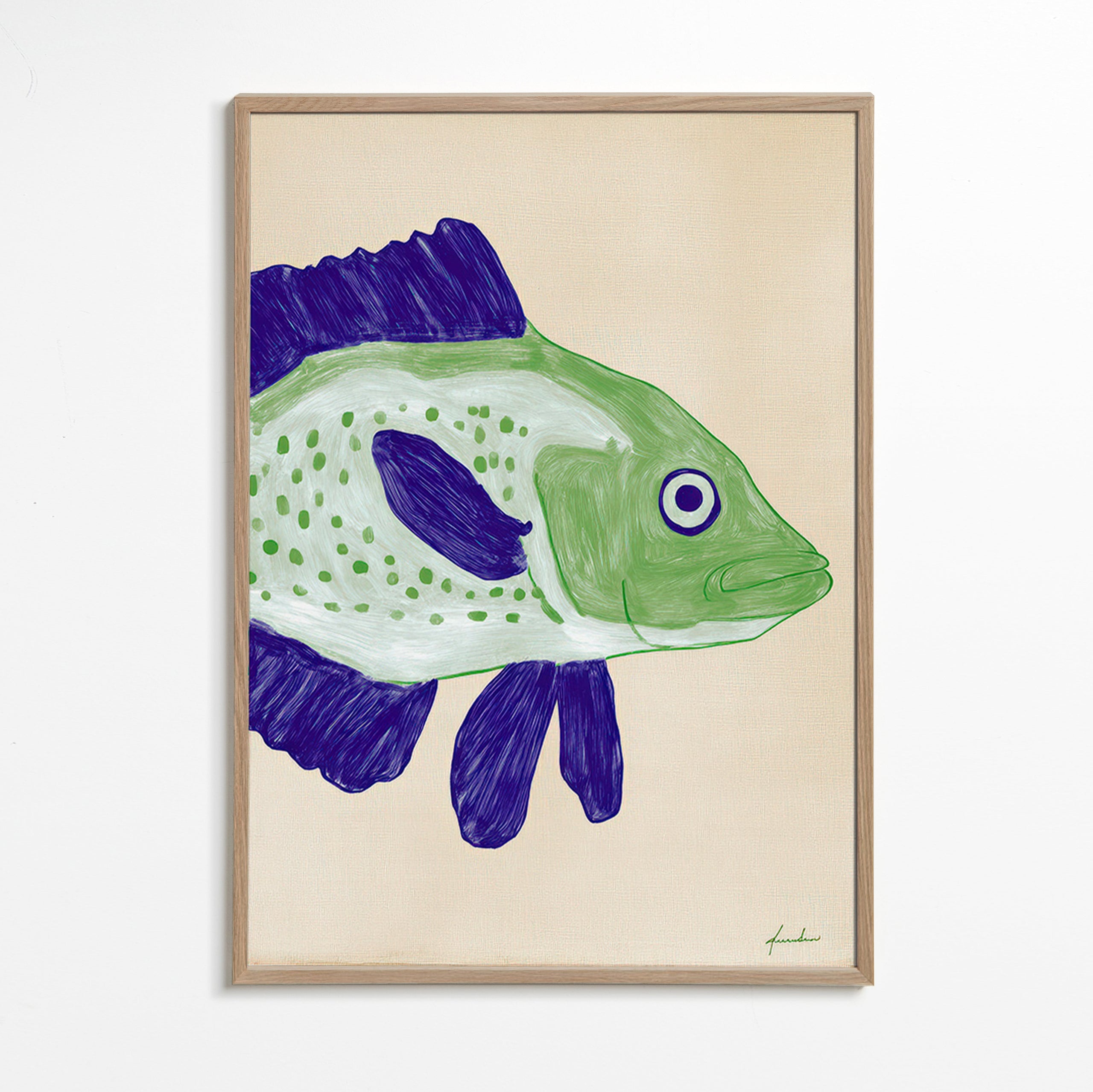 Fisk illustration grøn krop med blå streger