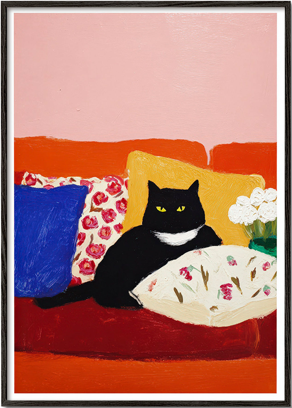 Kunst sort kat på farverig sofa