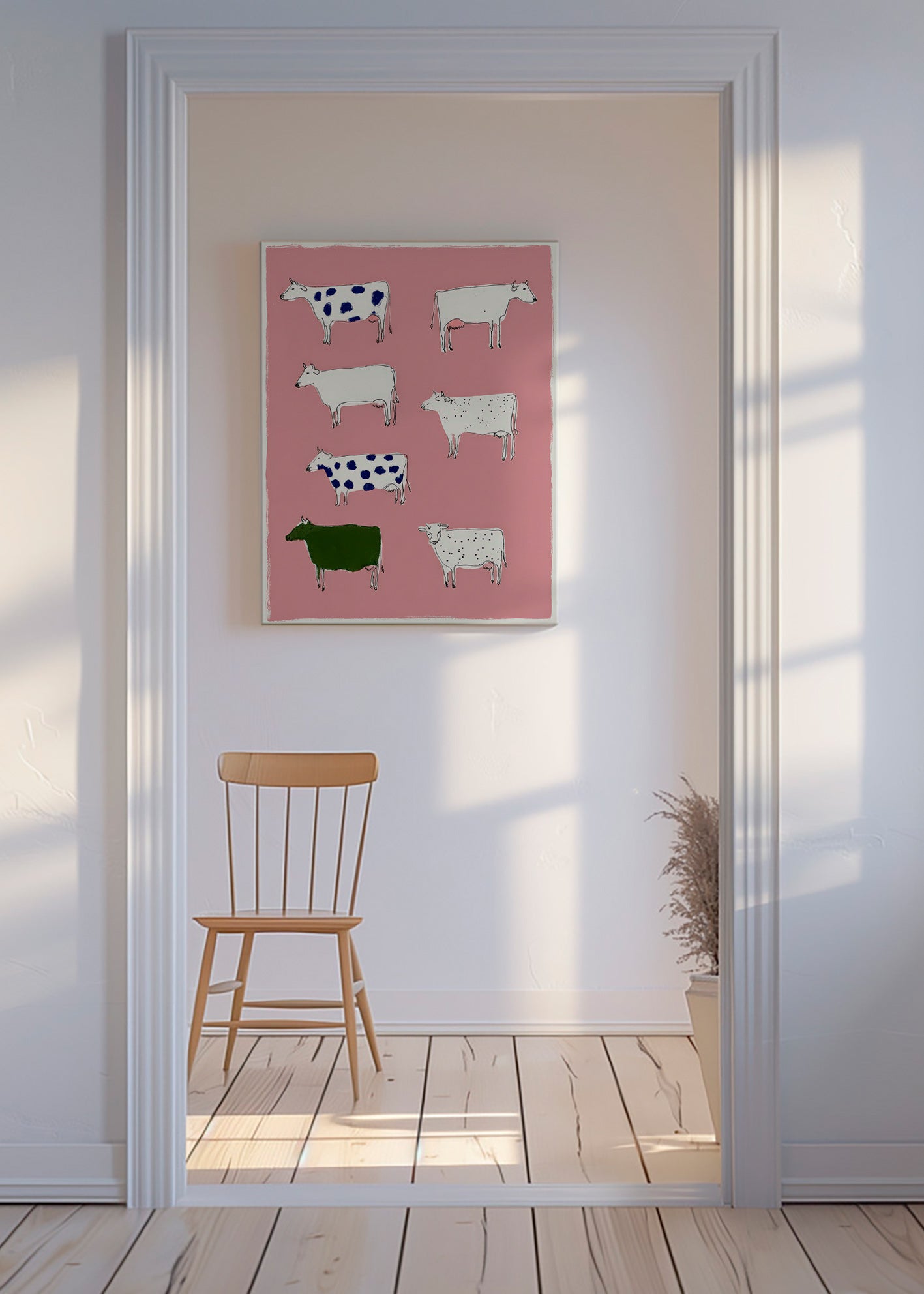Kunst med legesyge køer på lyserød baggrund