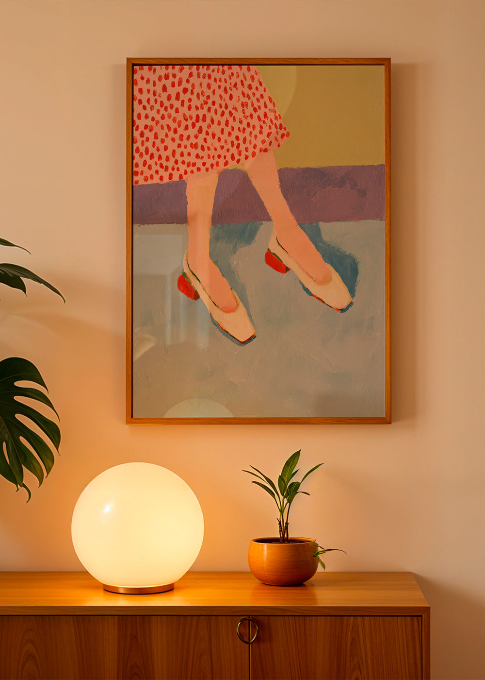 Illustration røde sko med mønstret nederdel