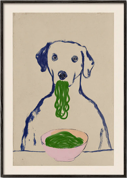Køkkenkunst: hund spiser nudler