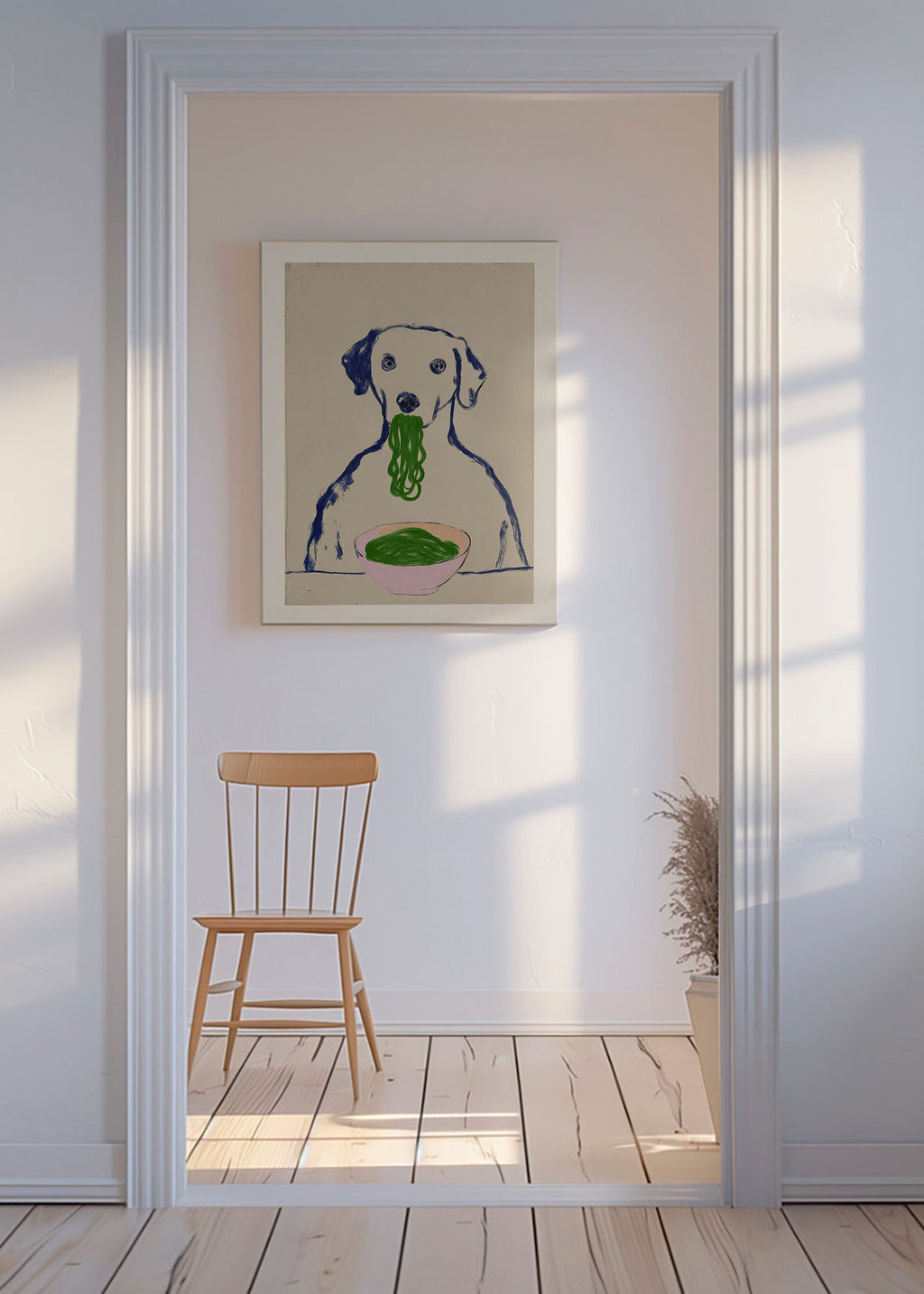 Køkkenkunst: hund spiser nudler