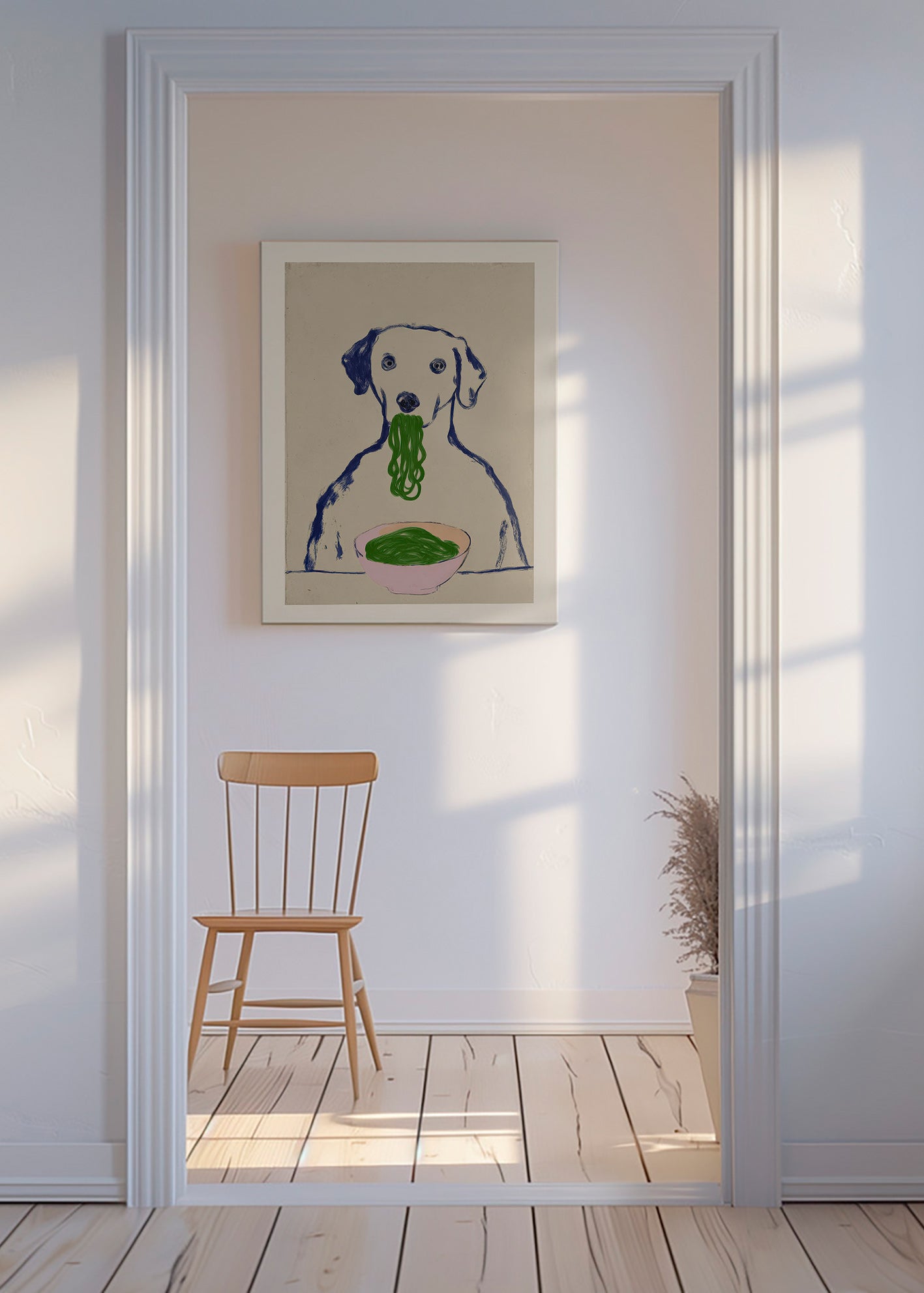 Køkkenkunst: hund spiser nudler
