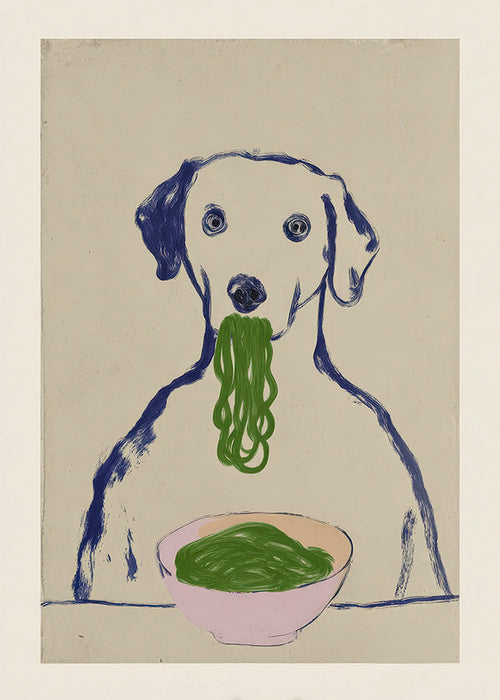 Køkkenkunst: hund spiser nudler