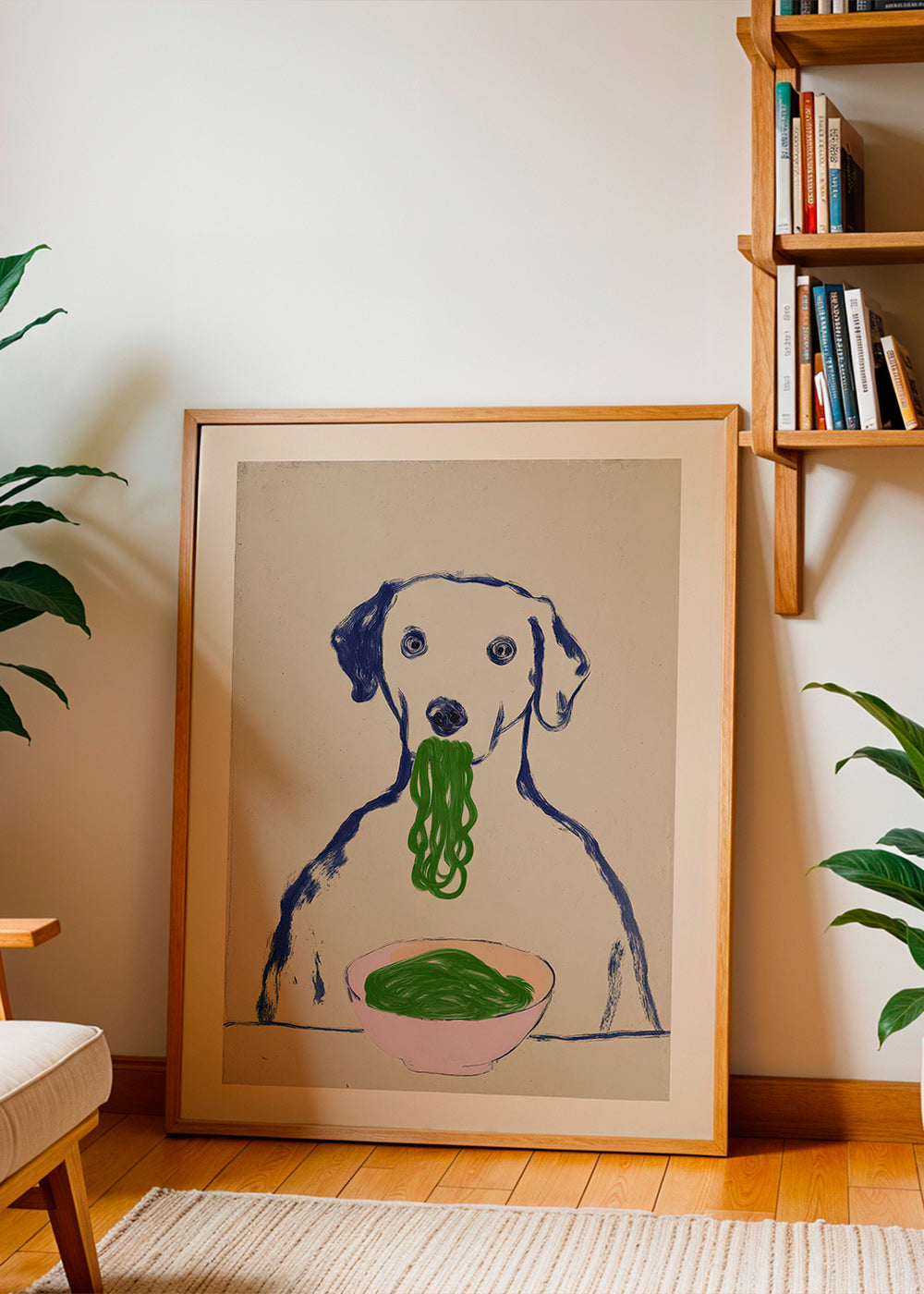 Køkkenkunst: hund spiser nudler