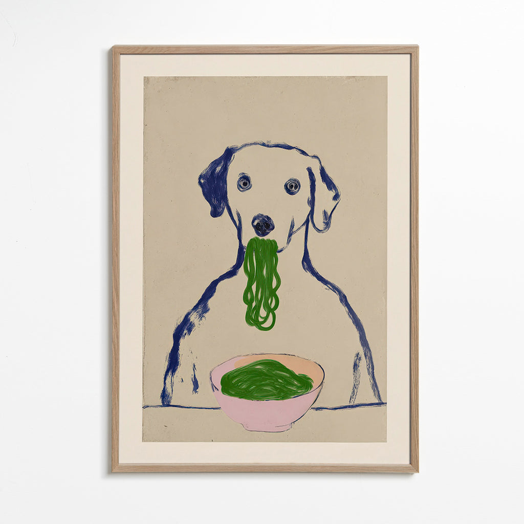 Køkkenkunst: hund spiser nudler