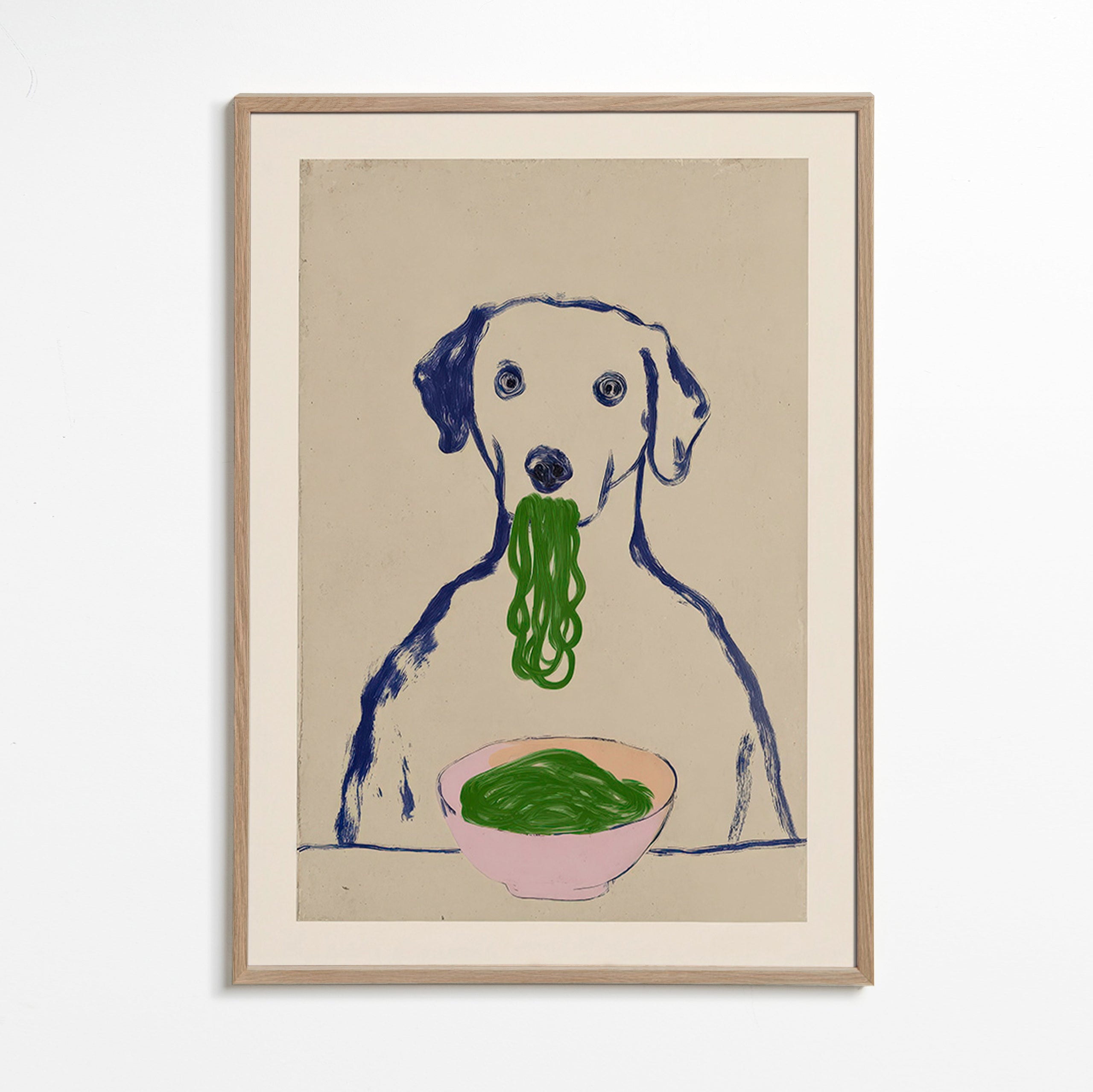 Køkkenkunst: hund spiser nudler