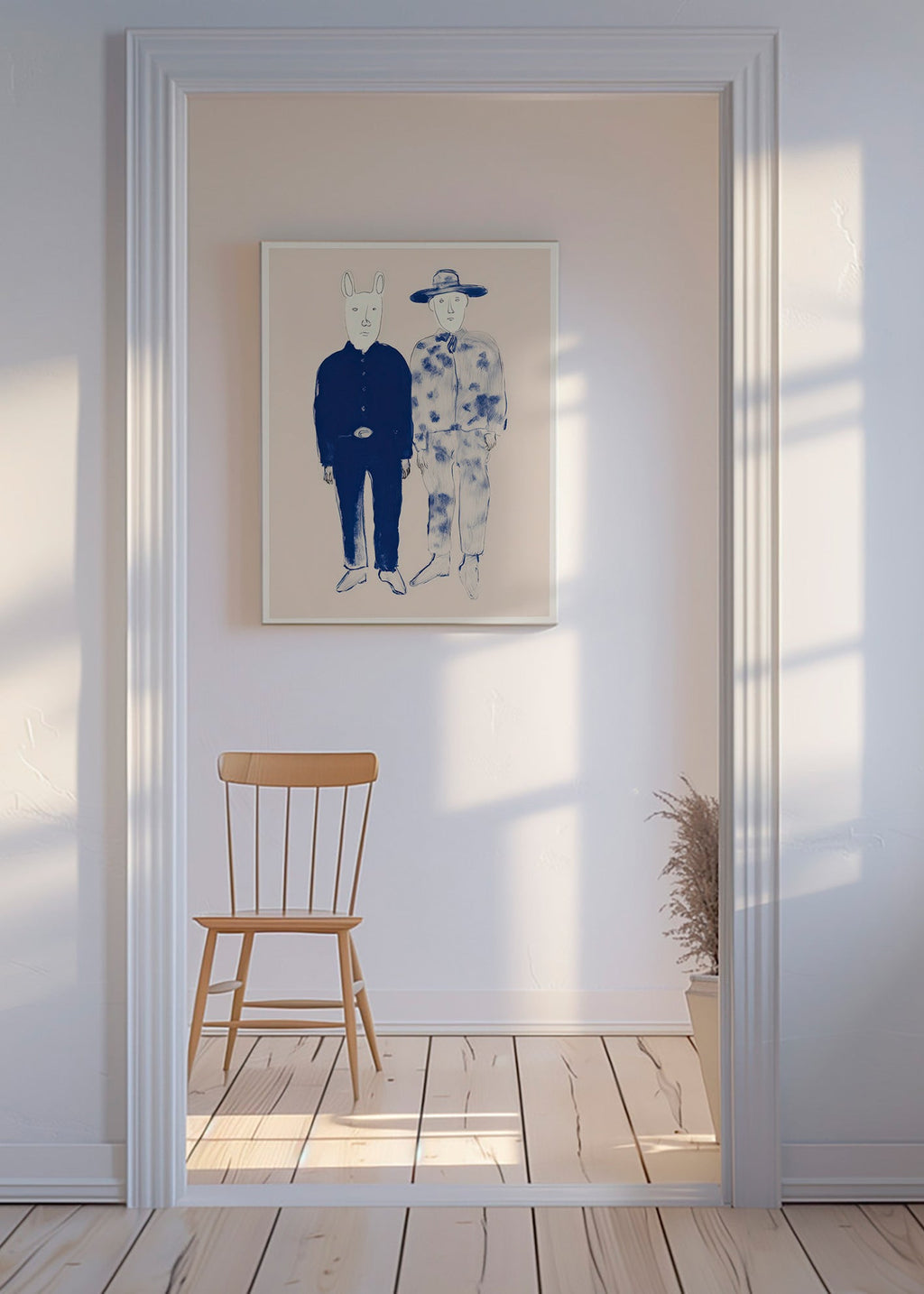 Illustration af to figurer med kanin i blå blæk