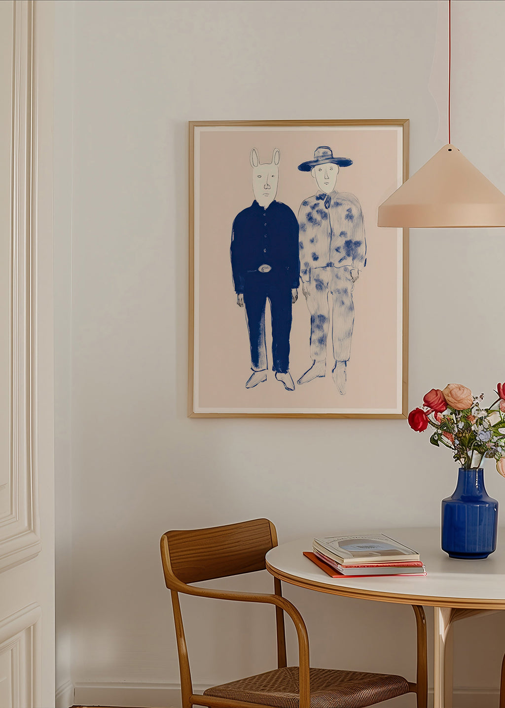 Illustration af to figurer med kanin i blå blæk