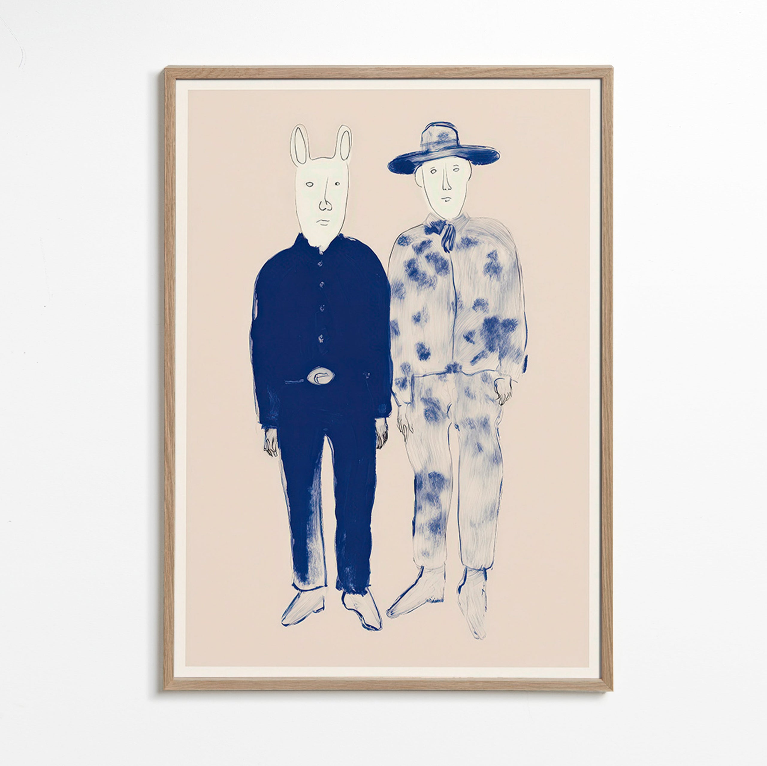 Illustration af to figurer med kanin i blå blæk
