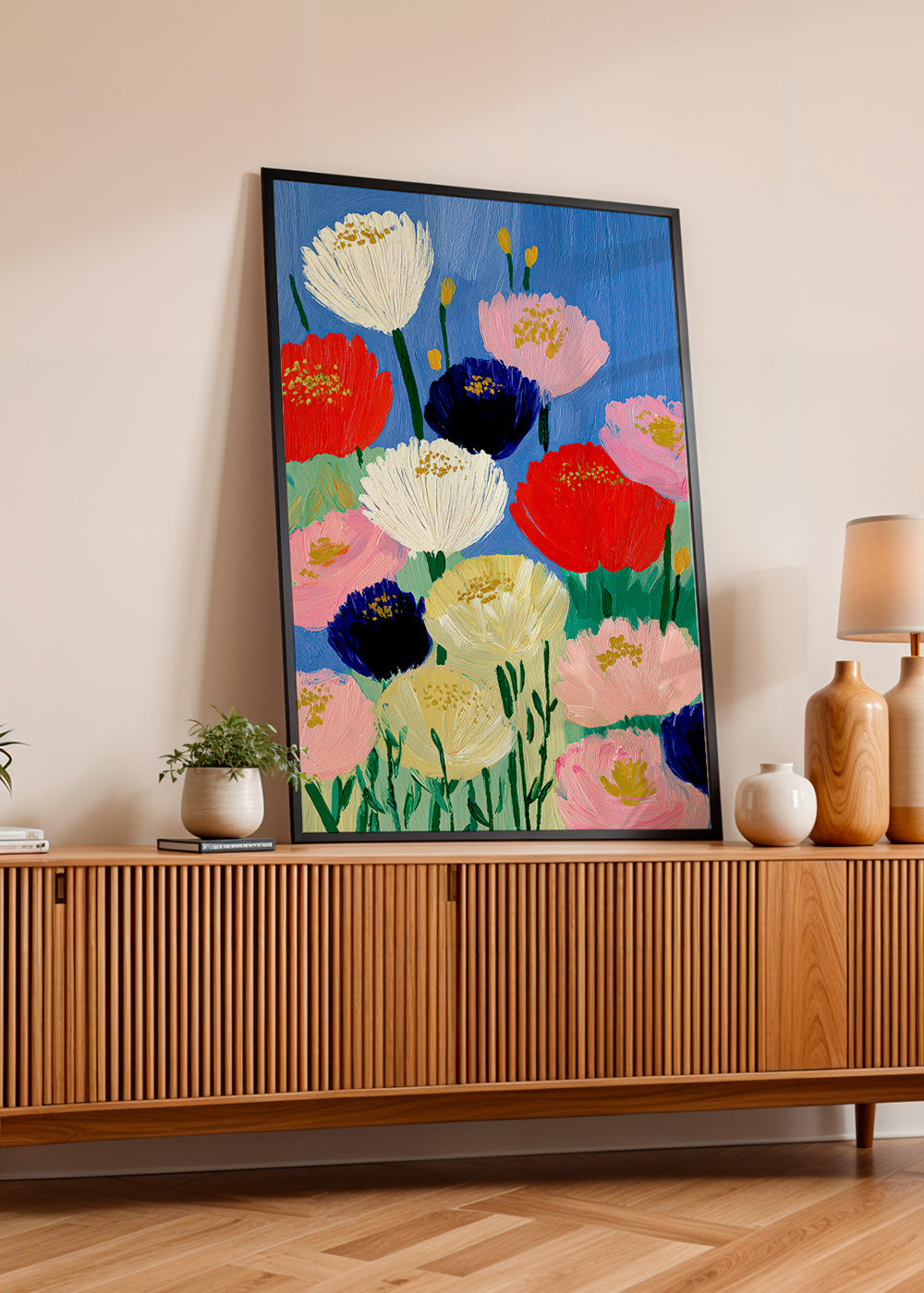Botanisk plakat med kraftige penselblomster