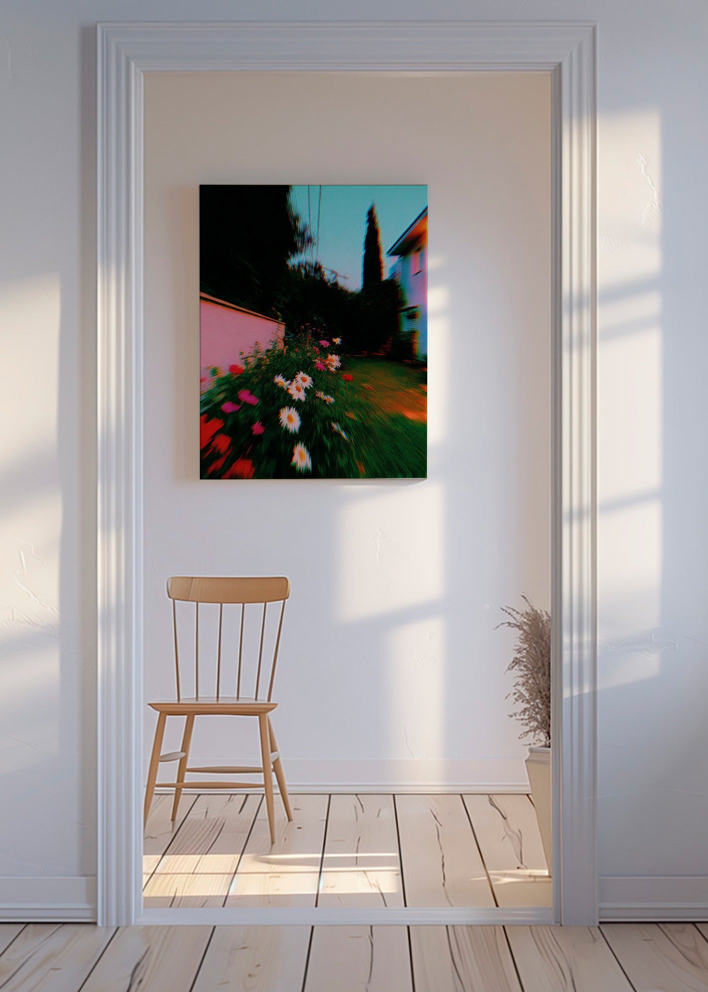 Botanisk plakat med sløret have og margueritter