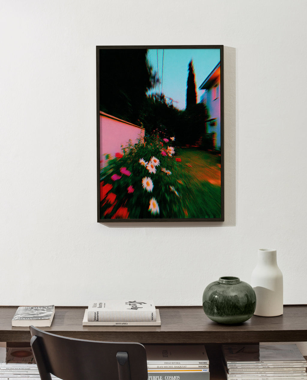 Botanisk plakat med sløret have og margueritter