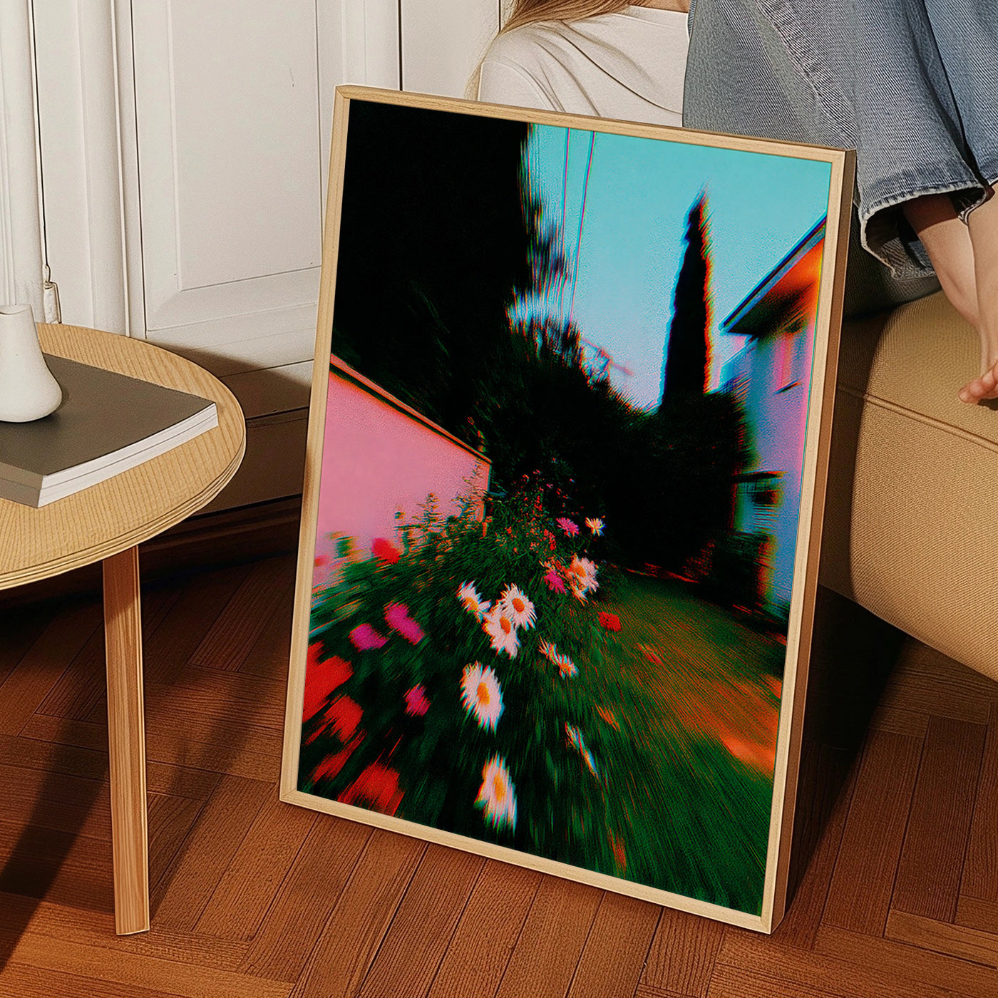 Botanisk plakat med sløret have og margueritter