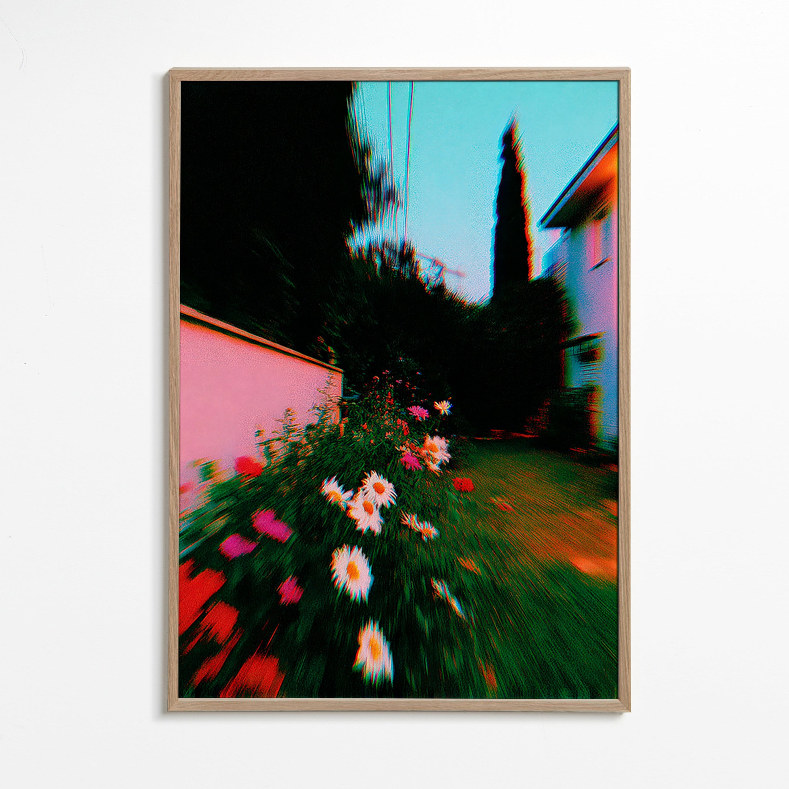 Botanisk plakat med sløret have og margueritter