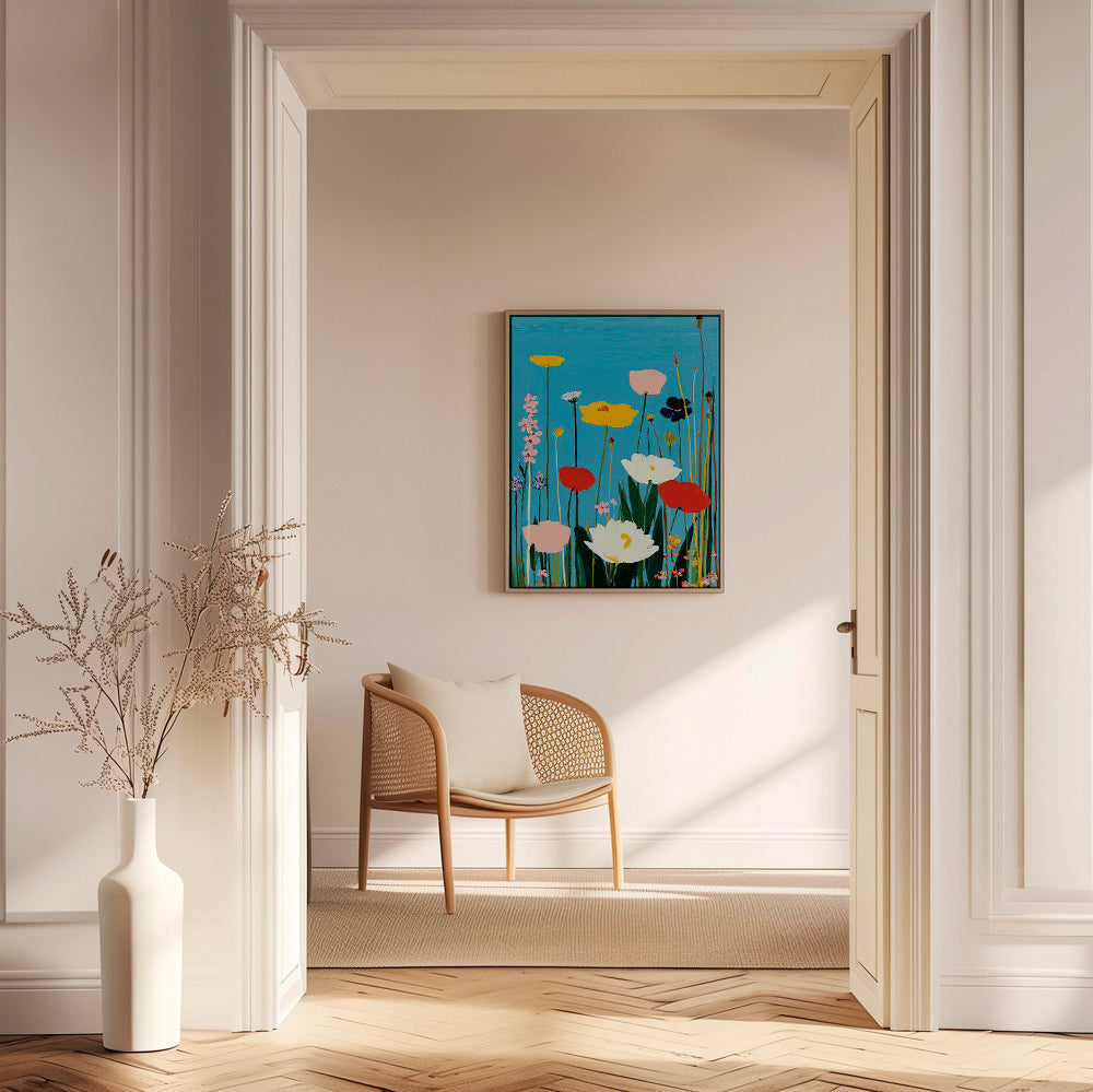 Botanisk plakat vilde blomster på blå baggrund