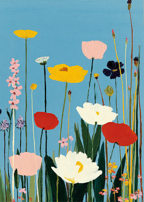 Botanisk plakat vilde blomster på blå baggrund