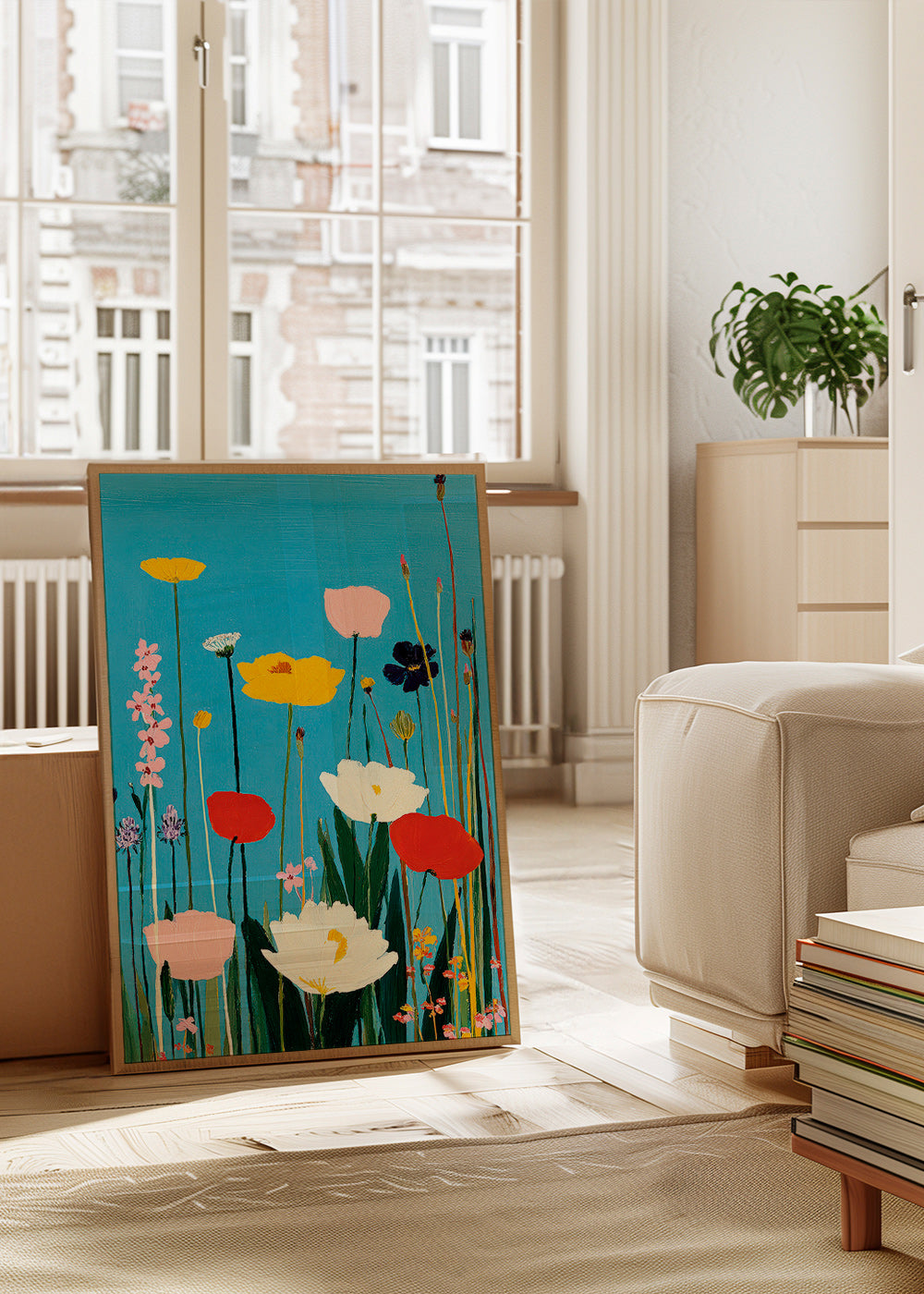 Botanisk plakat vilde blomster på blå baggrund