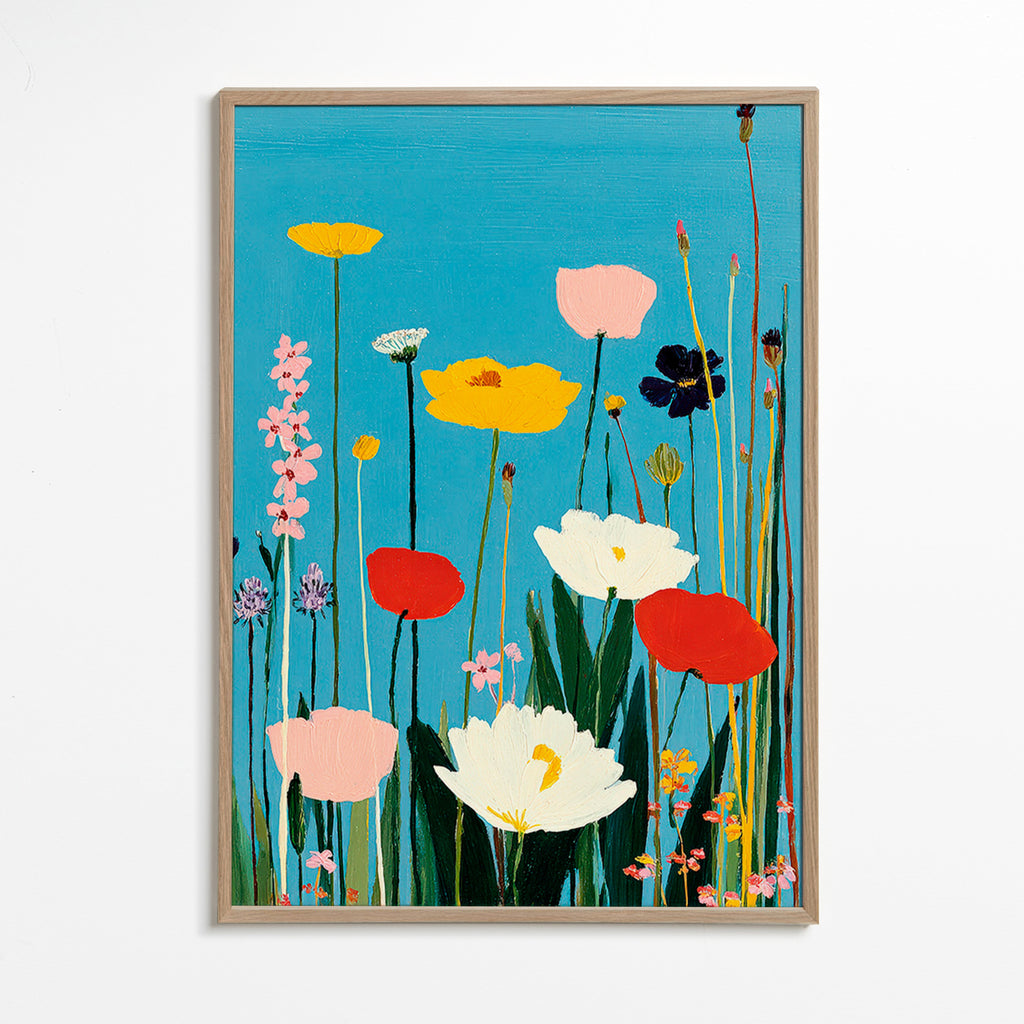 Botanisk plakat vilde blomster på blå baggrund