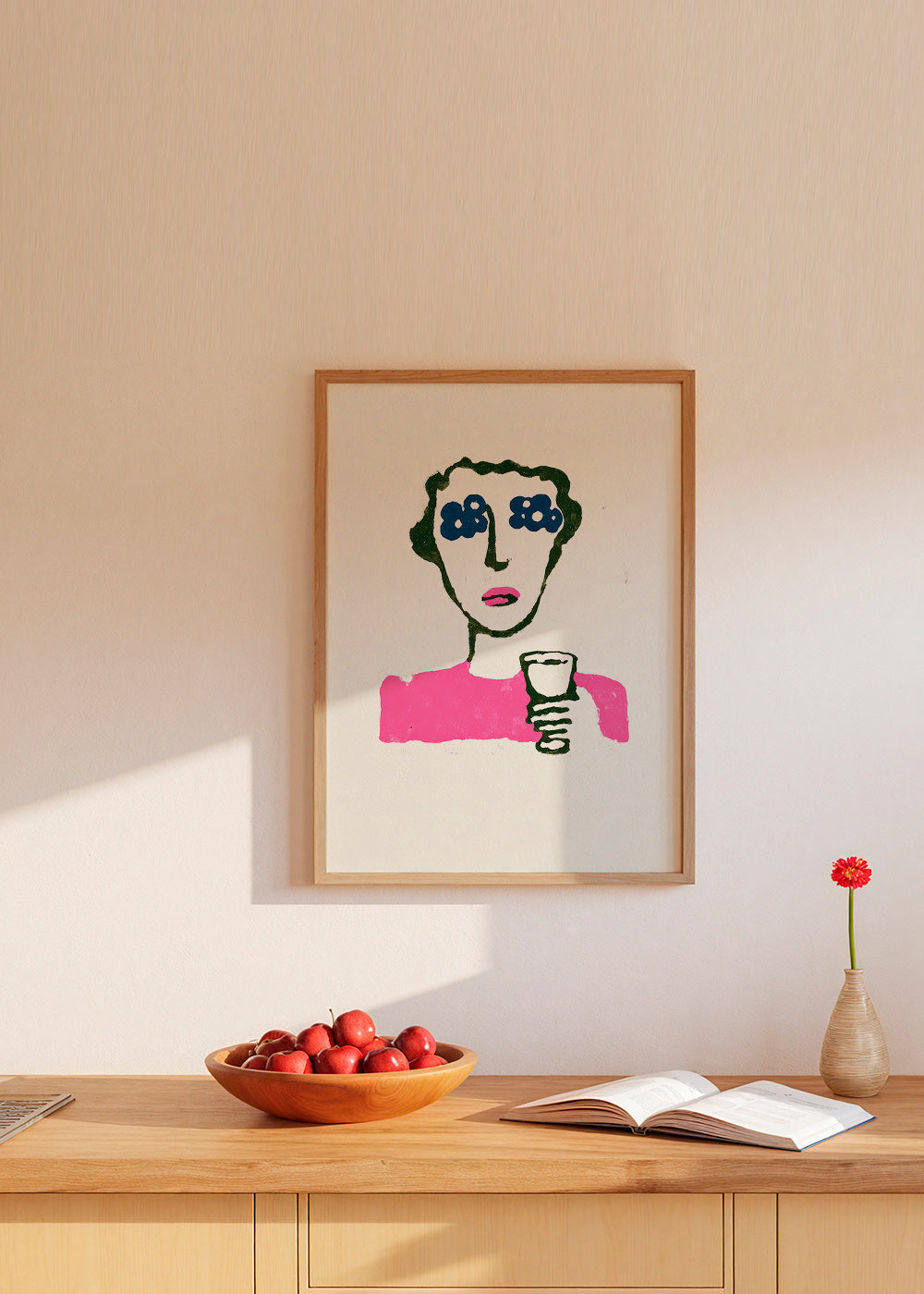 Illustration med blomsterog oje og kop