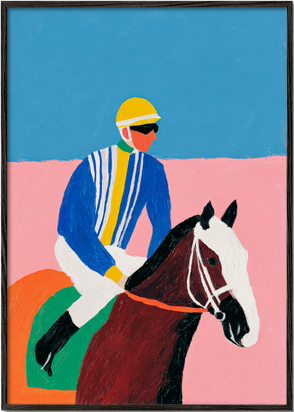 Sportkunst: jockey og hest i flade farver