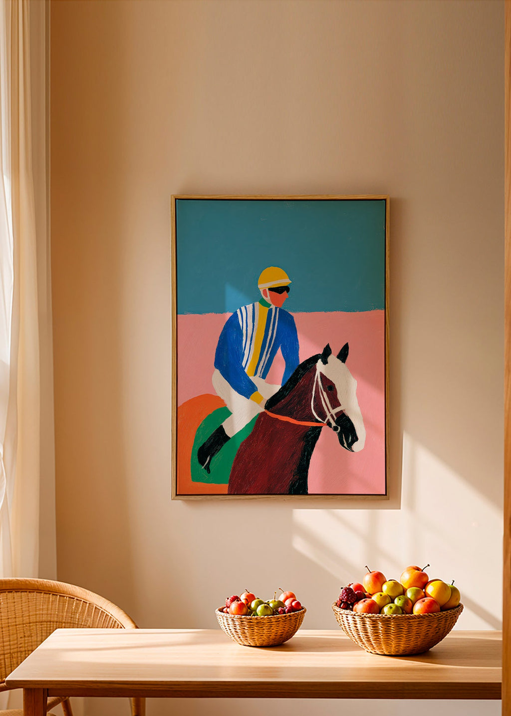 Sportkunst: jockey og hest i flade farver