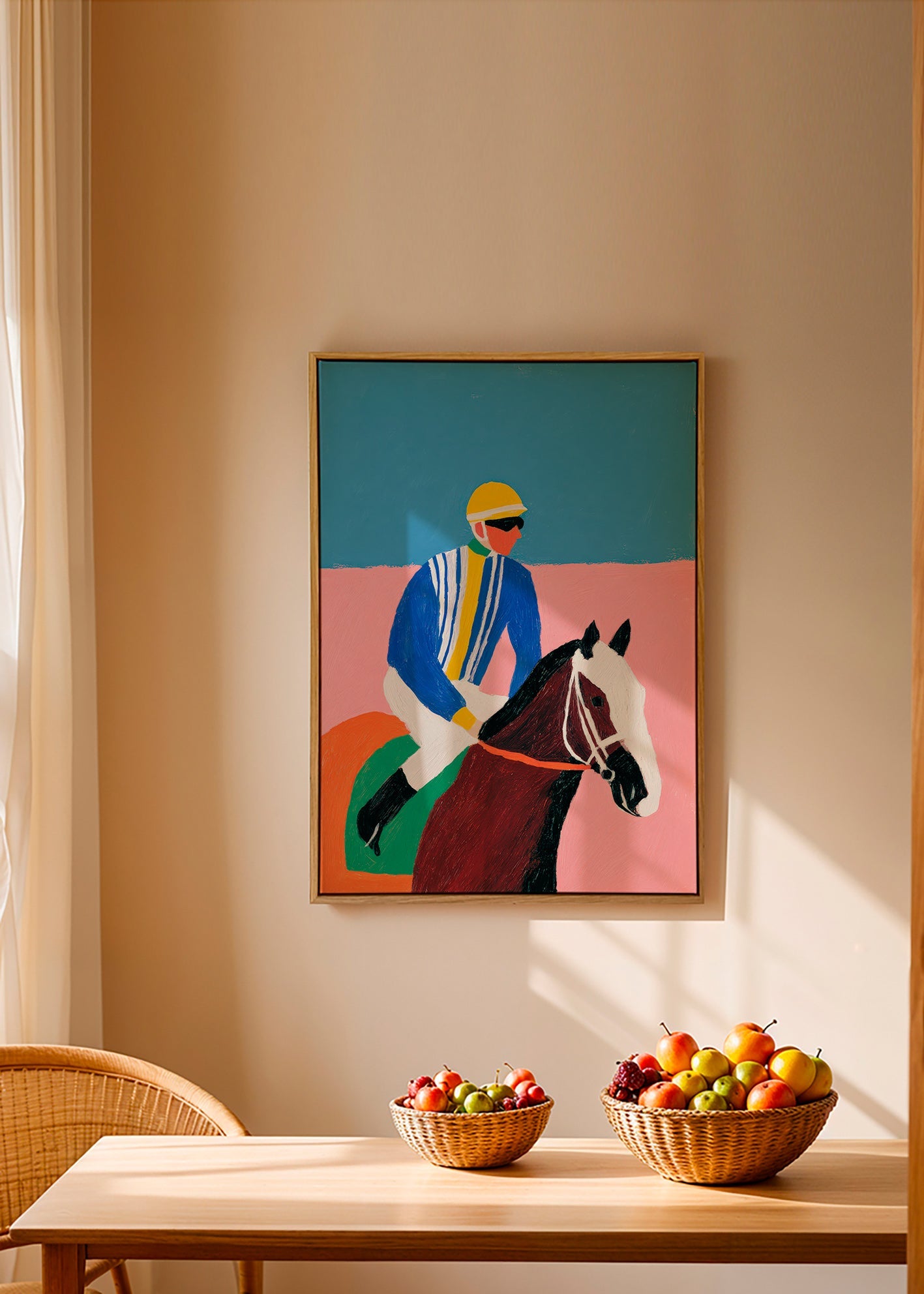 Sportkunst: jockey og hest i flade farver