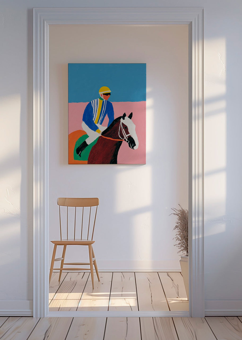 Sportkunst: jockey og hest i flade farver