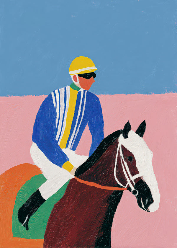 Sportkunst: jockey og hest i flade farver