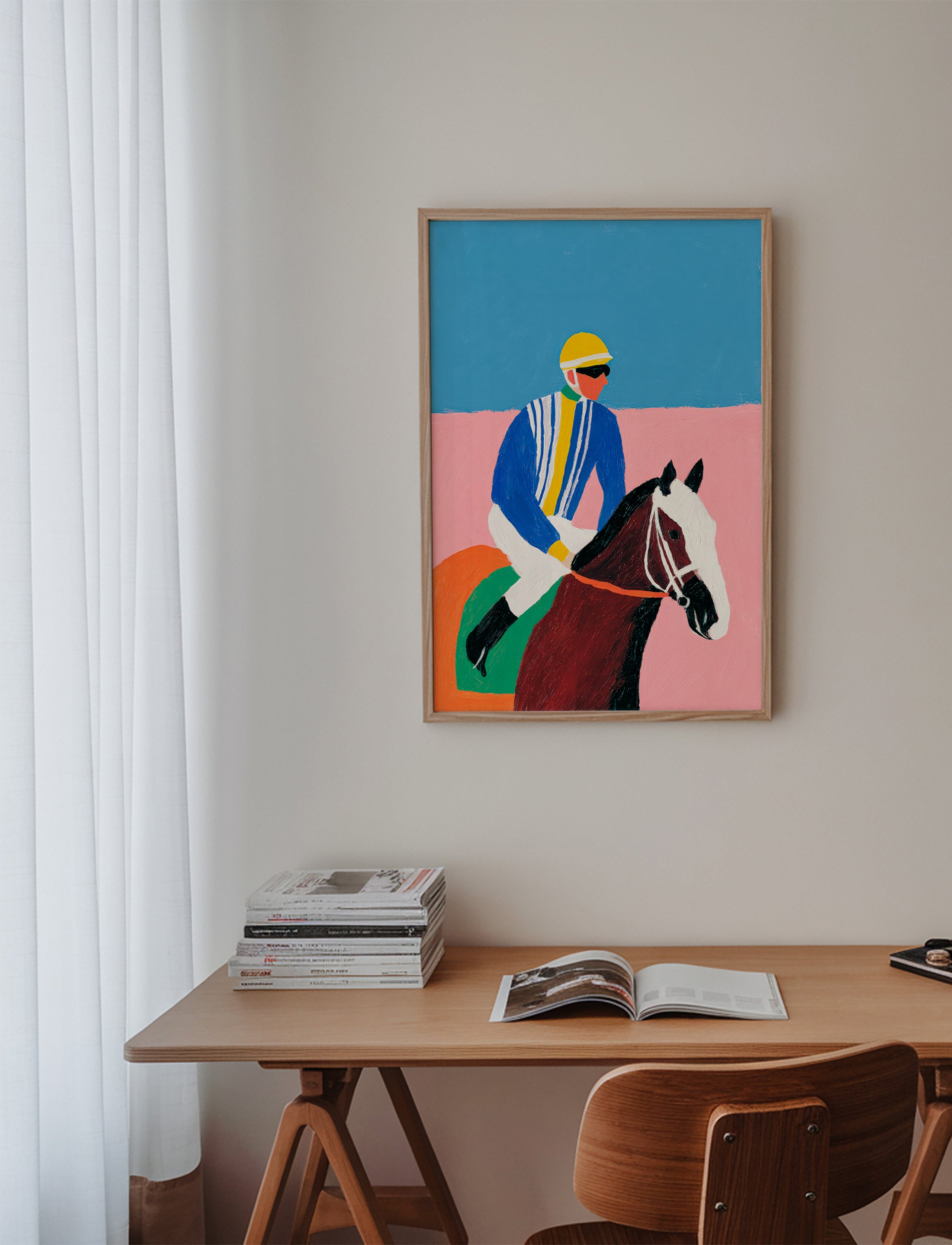 Sportkunst: jockey og hest i flade farver