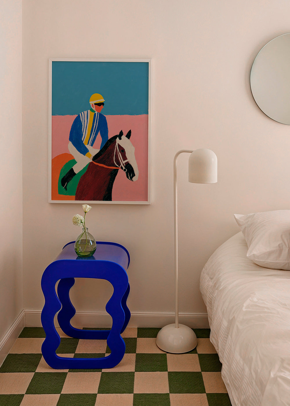 Sportkunst: jockey og hest i flade farver