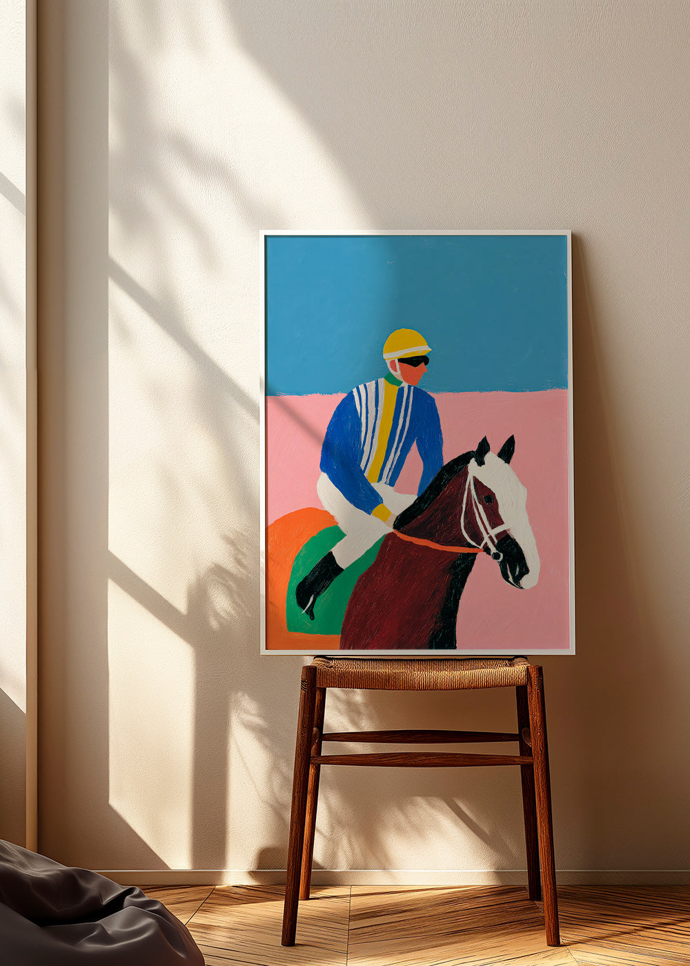 Sportkunst: jockey og hest i flade farver