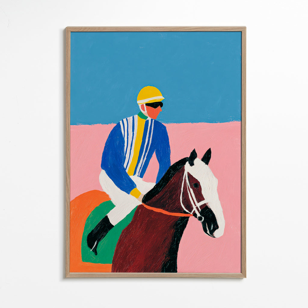 Sportkunst: jockey og hest i flade farver