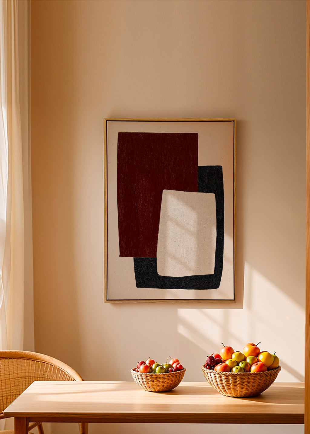 Geometrisk plakat med overlappende bordeauxformer