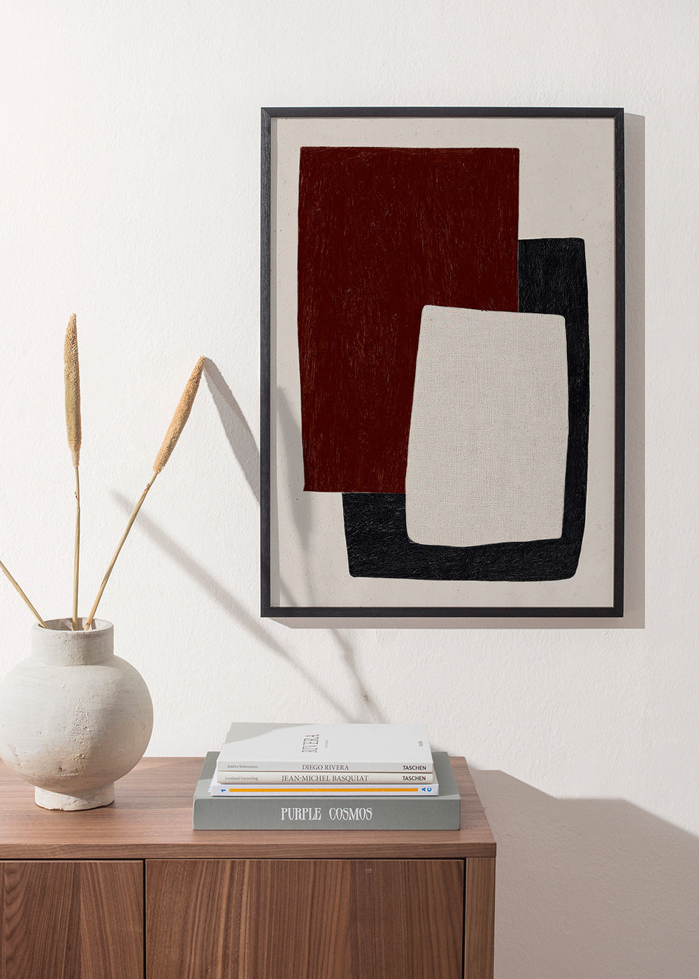 Geometrisk plakat med overlappende bordeauxformer