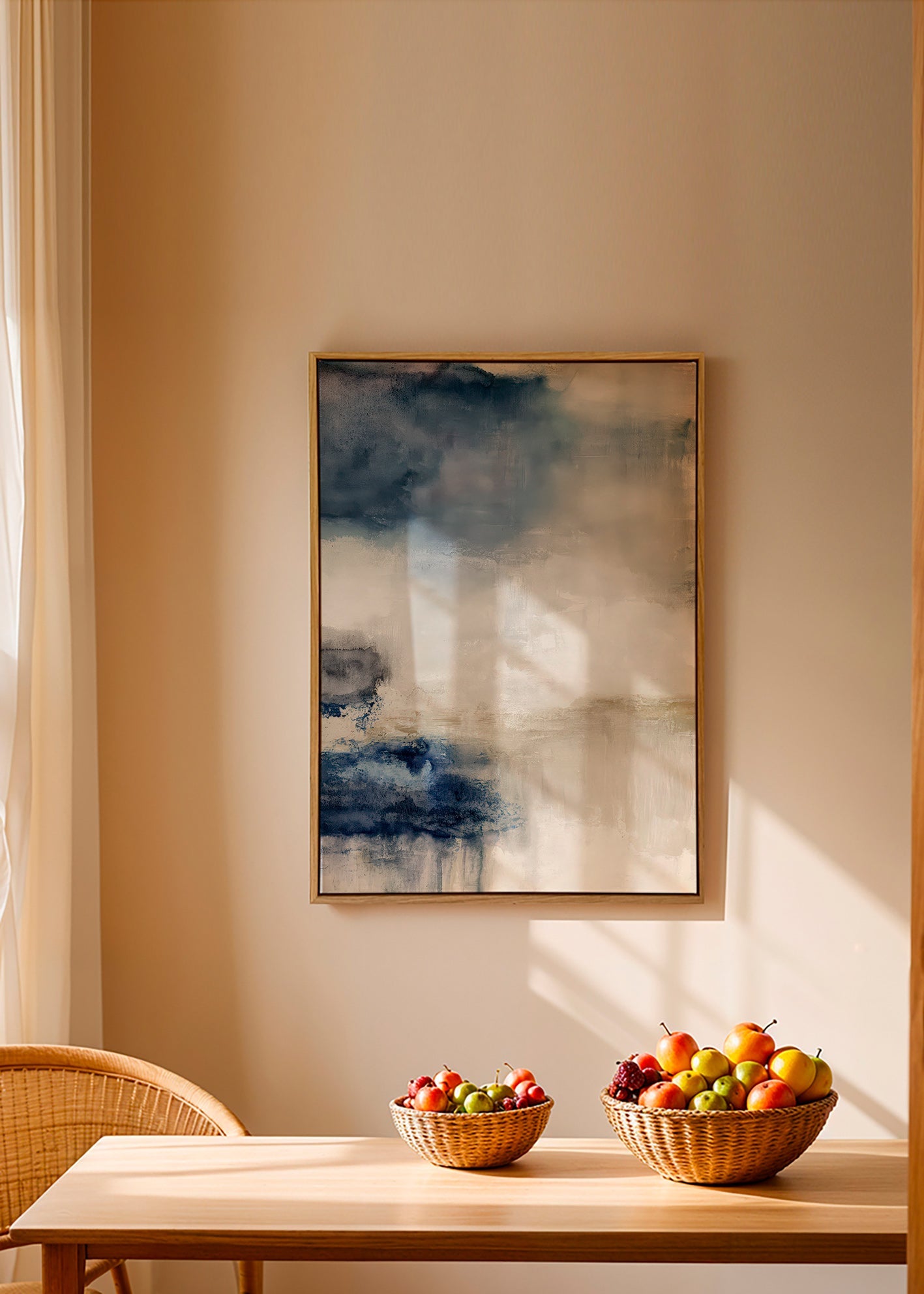 Abstrakt maleri i blå og beige