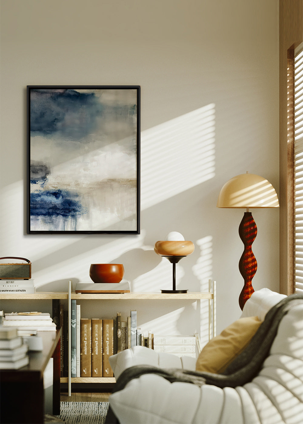 Abstrakt maleri i blå og beige