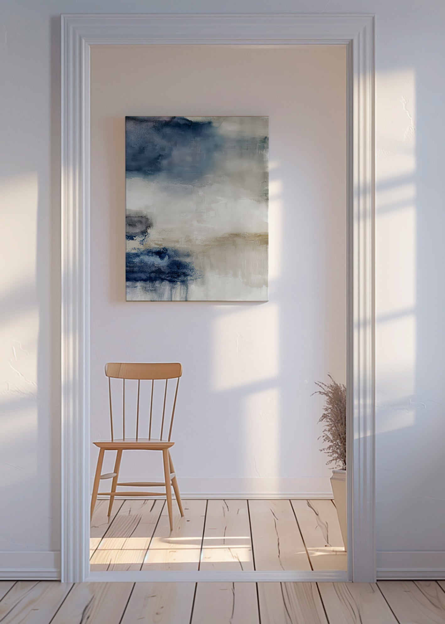 Abstrakt maleri i blå og beige