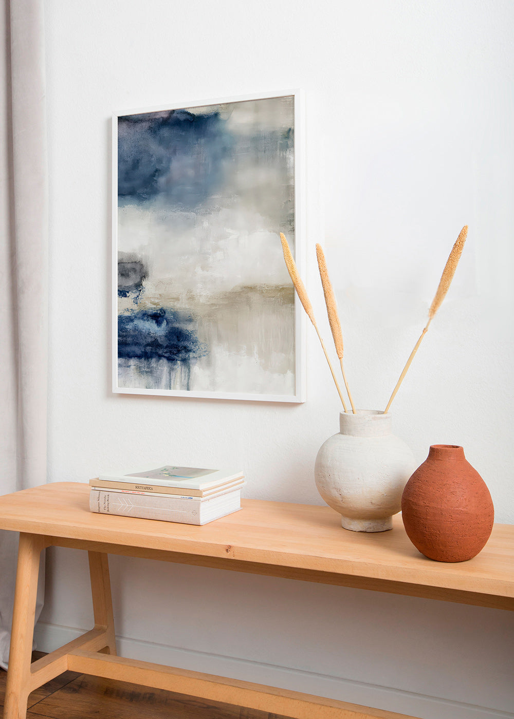 Abstrakt maleri i blå og beige