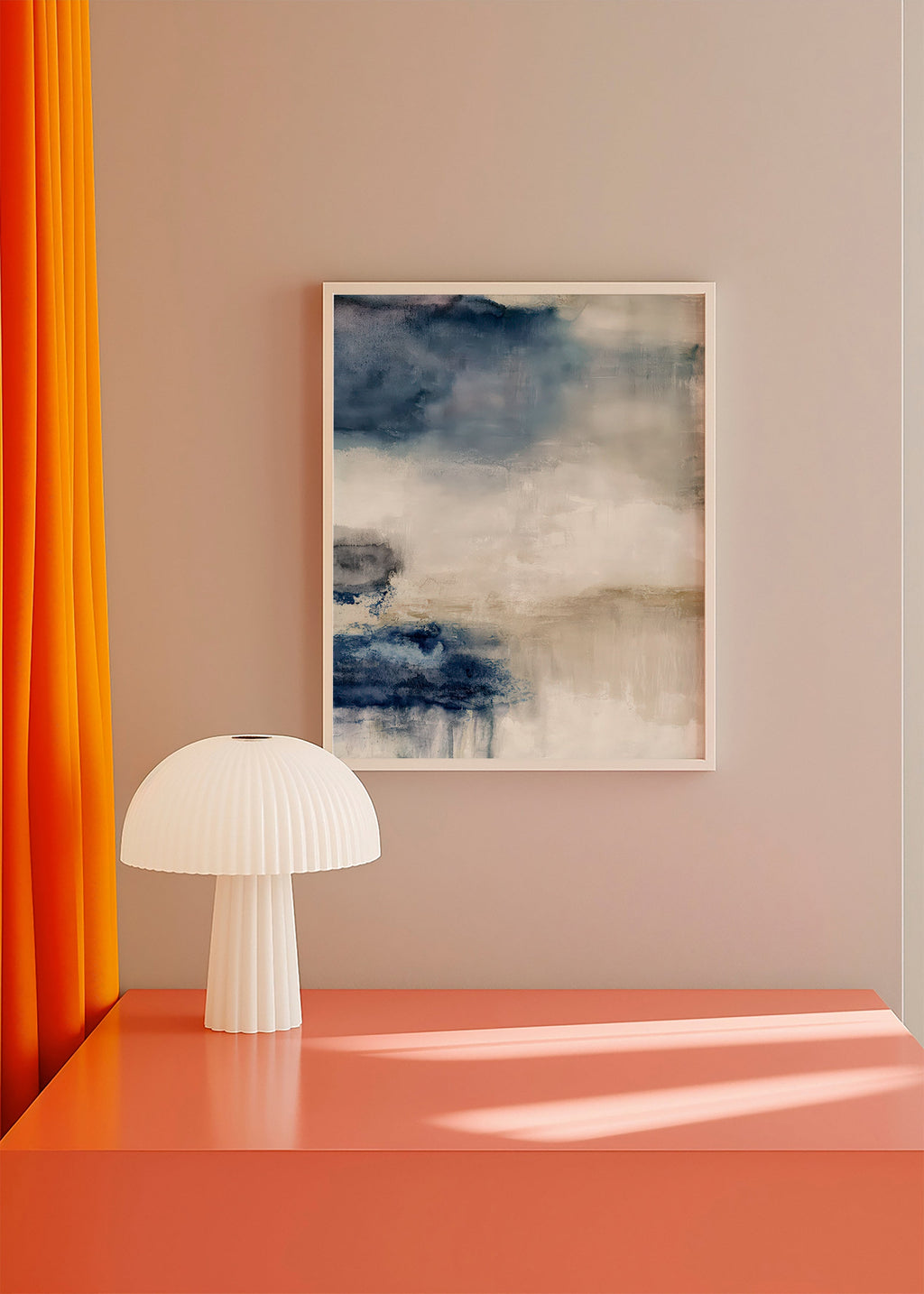 Abstrakt maleri i blå og beige