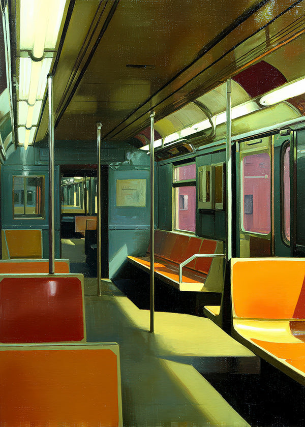 Rejseplakat: tomt metrovogn i varmt lys