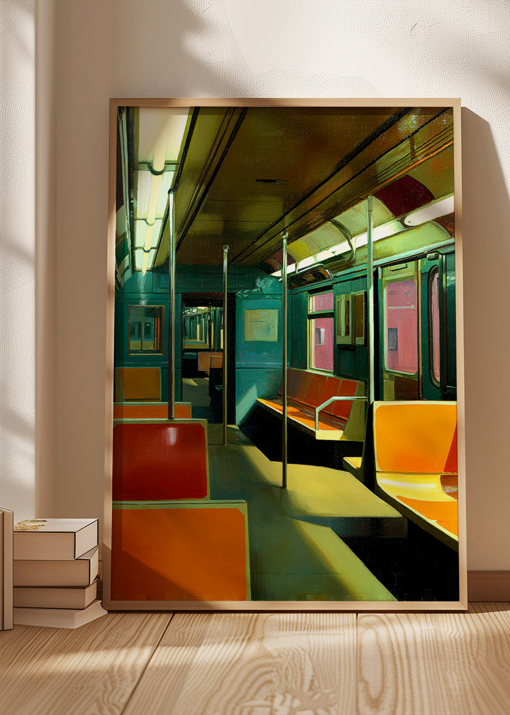 Rejseplakat: tomt metrovogn i varmt lys