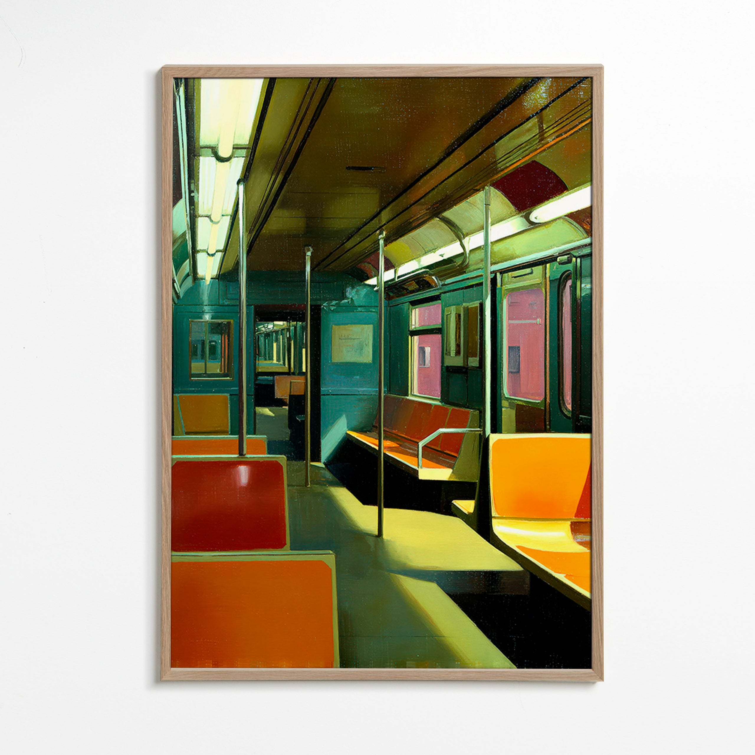 Rejseplakat: tomt metrovogn i varmt lys