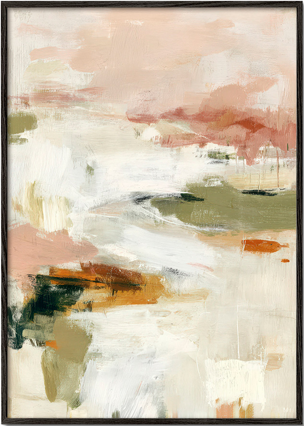 Abstrakt maleri med blid horisont og organiske penselstrøg