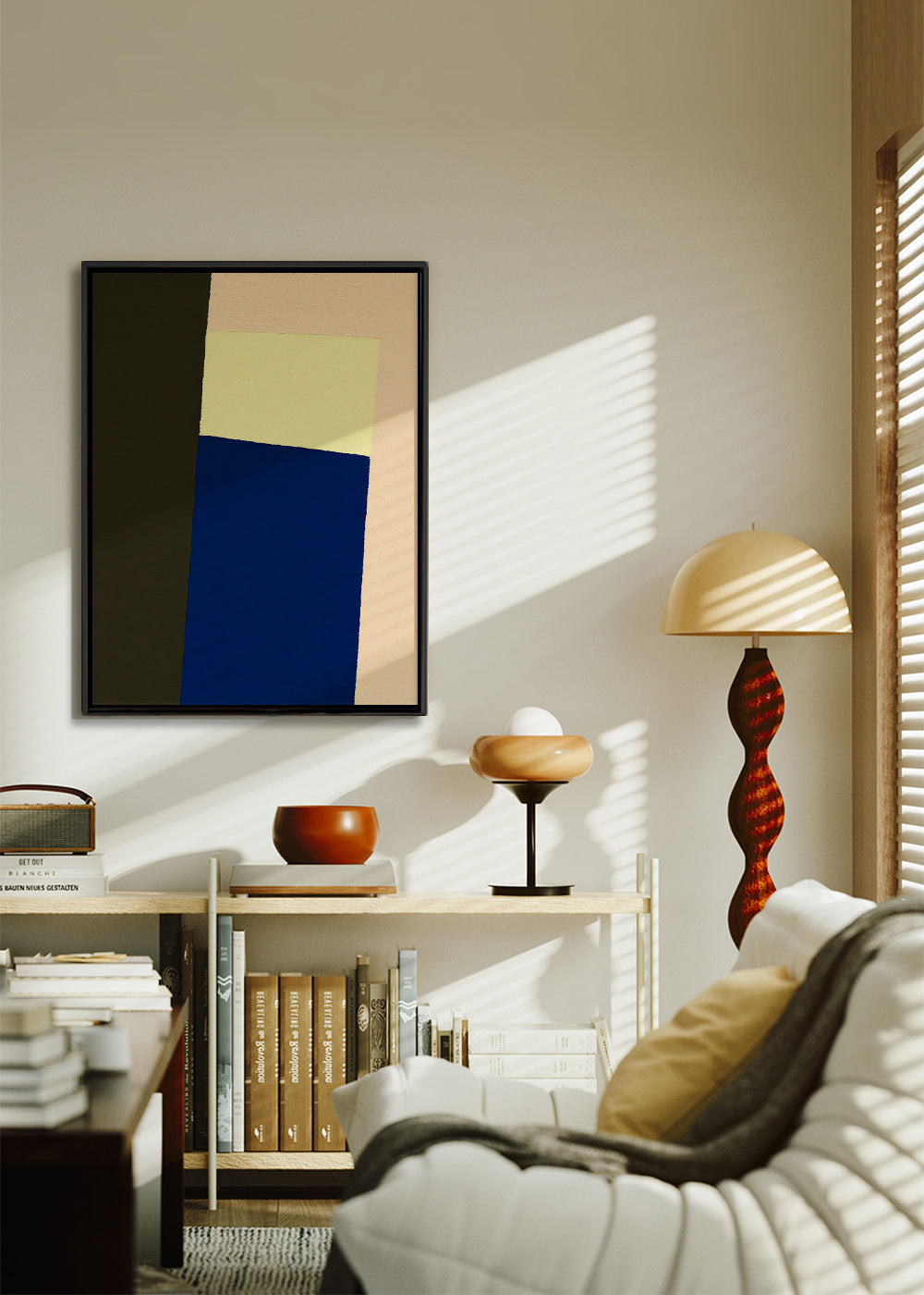 Geometrisk plakat med lodret blå blok