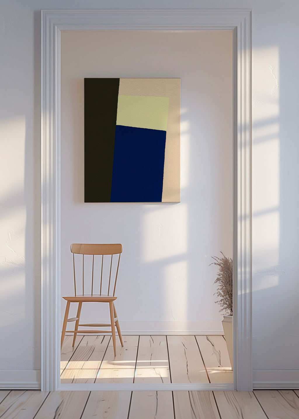 Geometrisk plakat med lodret blå blok