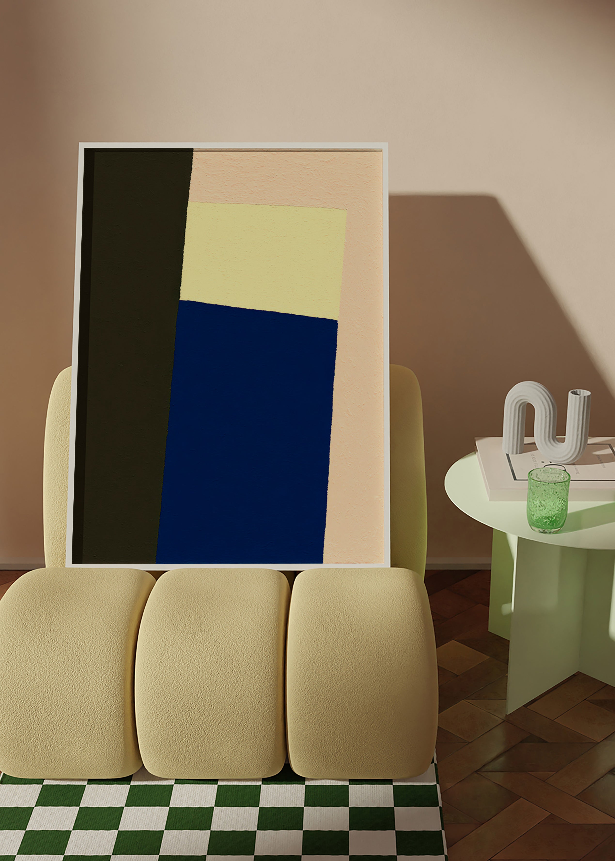 Geometrisk plakat med lodret blå blok