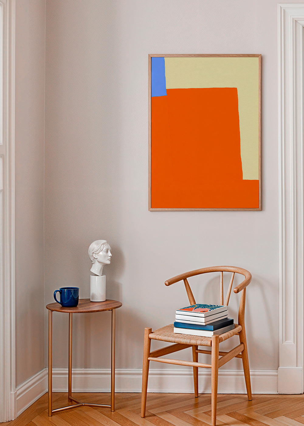 Abstrakt værk med orange blokke
