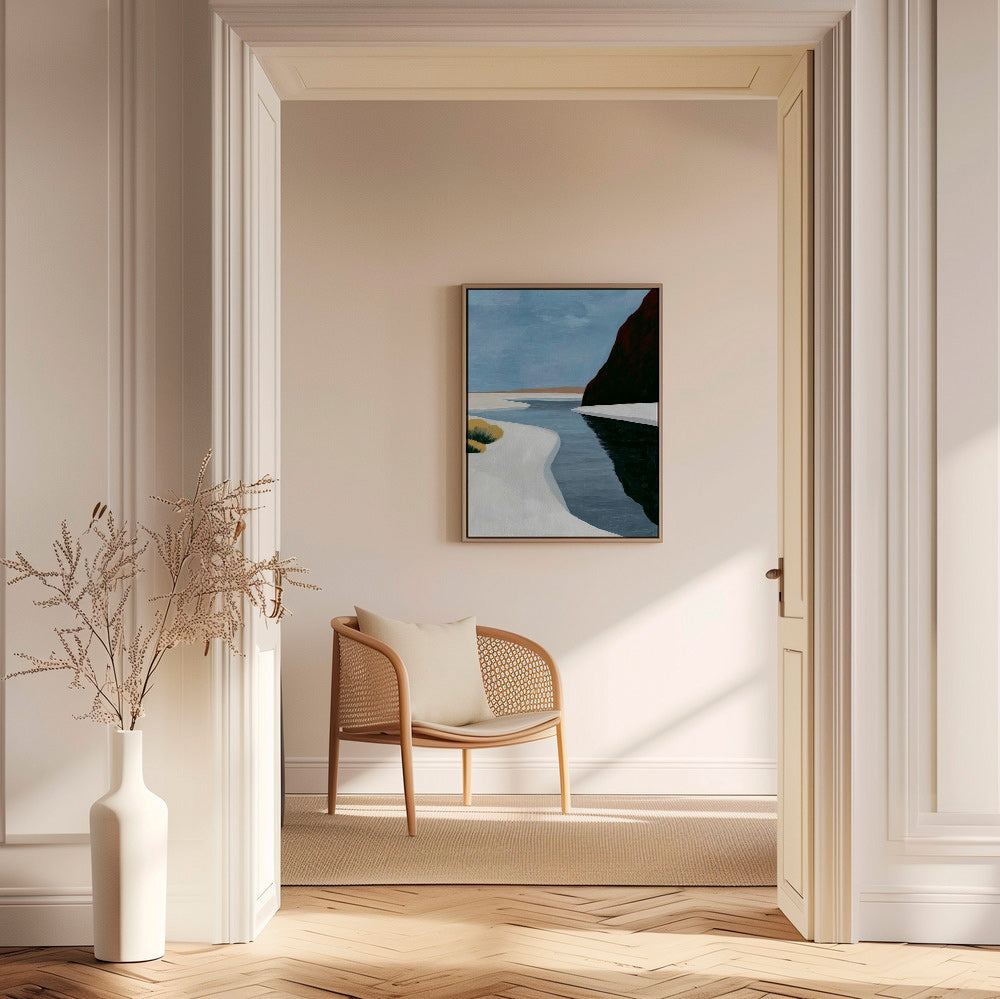 Landskabskunst: minimalistisk estuary med mørk klippe